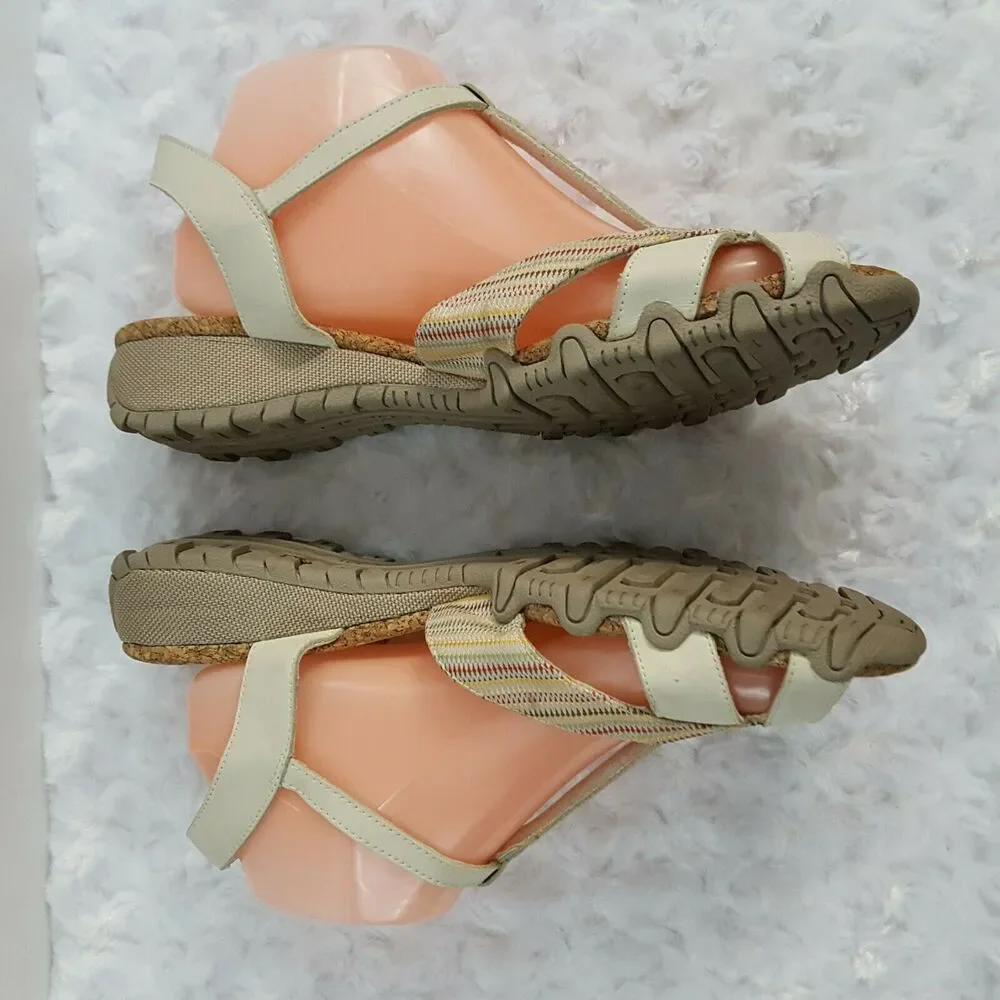 Skechers Womens 10 Sandals T-Strap Beige Striped Strappy Cork Footbed Comfort - Picture 4 of 10